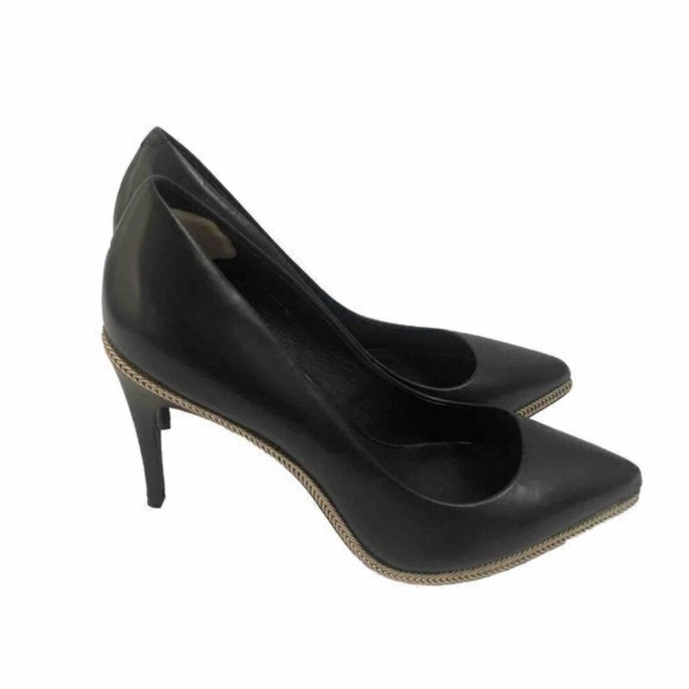 Rachel Zoe Heels Size 9 Black Leather Pointed Stiletto Pump gold trim